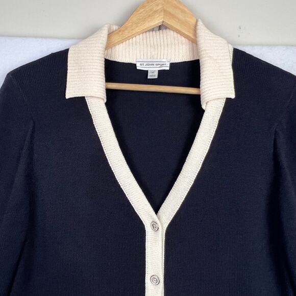 St John Sport Wool SANTANA Knit Black Cream Texture Button Front Long Cardigan M - Picture 7 of 13